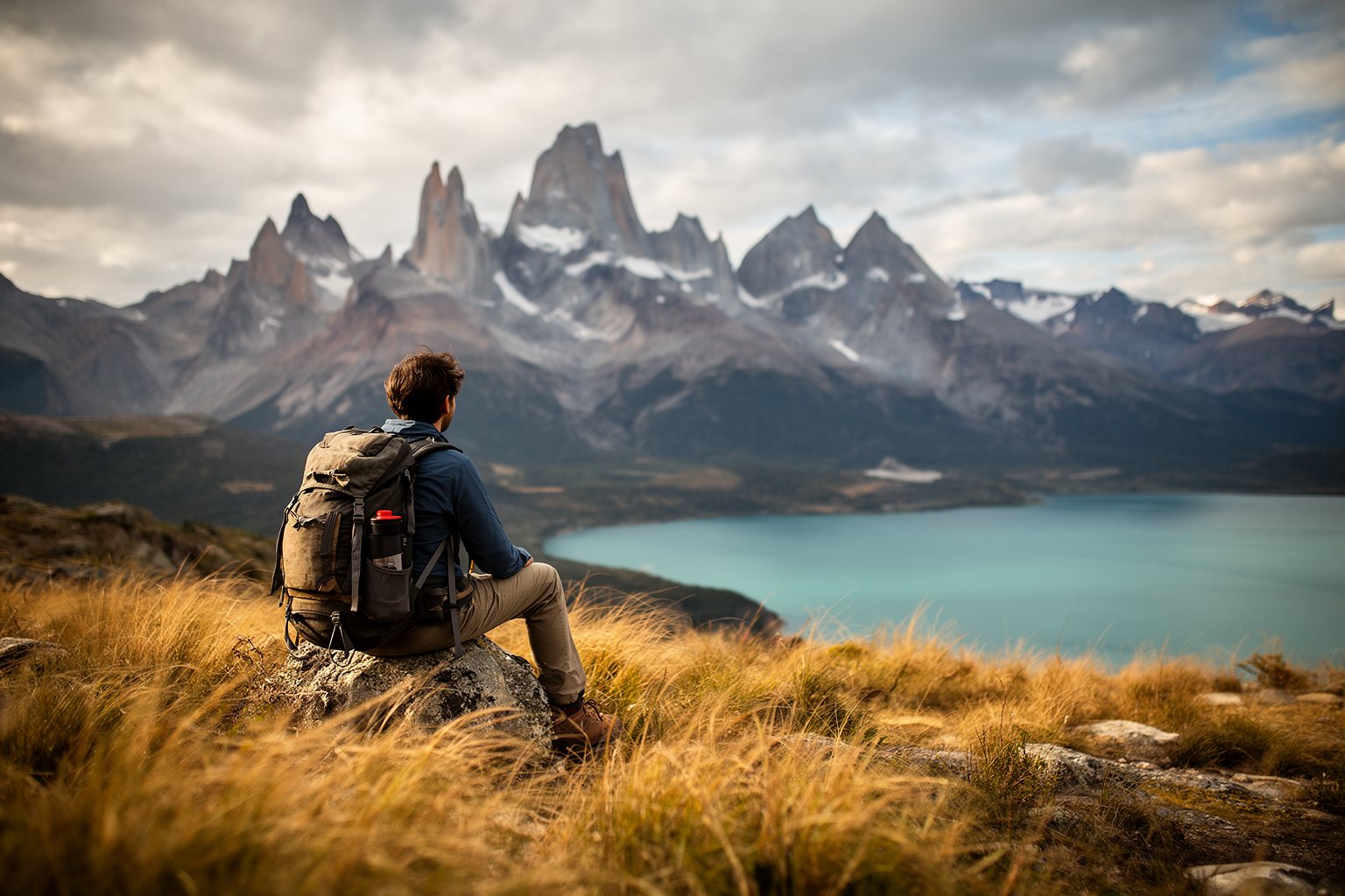 World Tour in 120 Days: A Life-Changing Adventure Lone hiker sitting on a rock looking toward jagged Patagonian peaks