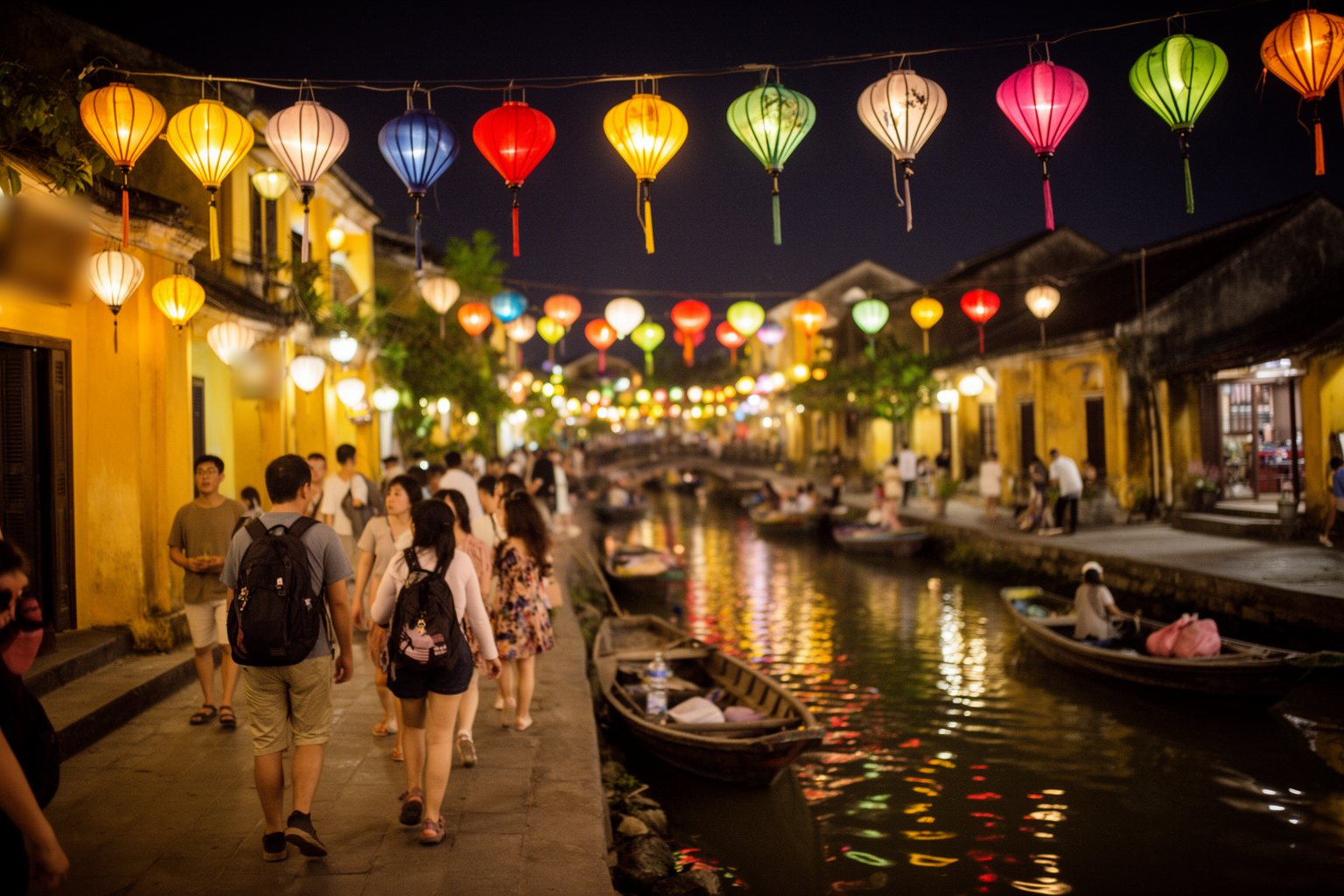 World Tour in 120 Days: A Life-Changing Adventure Travelers walking beneath colourful silk lanterns in Hoi An old town at night