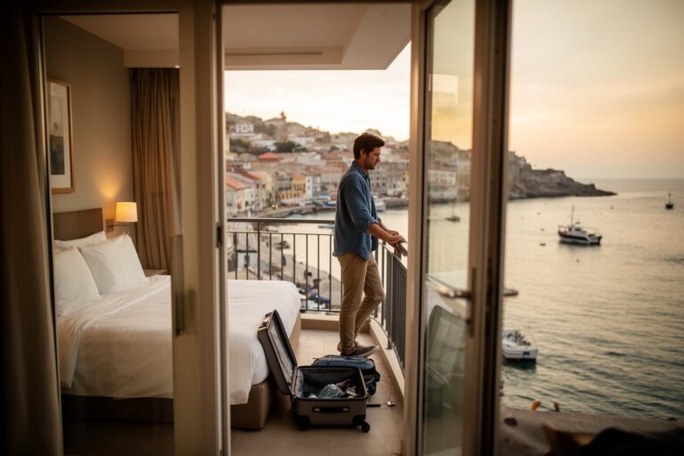 Unlocking the Globe: Choosing the Best Hotel Credit Card for World Exploration Traveler on a hotel balcony overlooking a harbour at sunrise, a hotel rewards stay