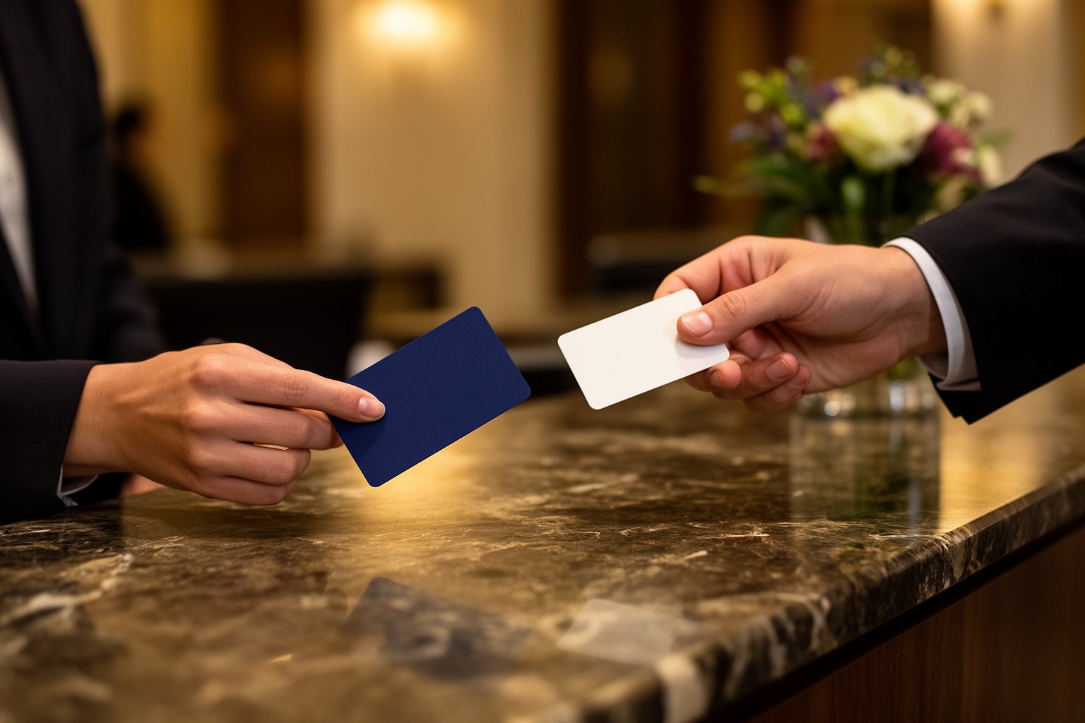 Maximize Your Travels With Marriott Boundless Card: A Game Changer for Personal & Business Trips! Traveler handing over a credit card at a hotel front desk as a key card is offered