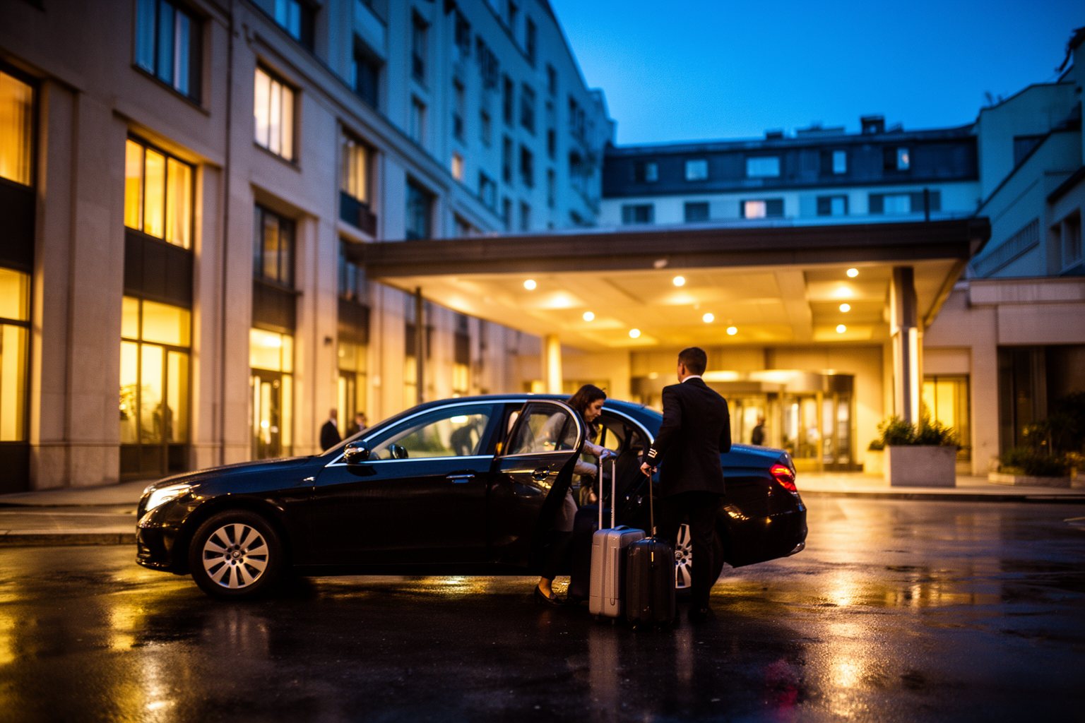 Maximize Your Travels With Marriott Boundless Card: A Game Changer for Personal & Business Trips! Guests arriving by taxi at a city hotel entrance at blue hour