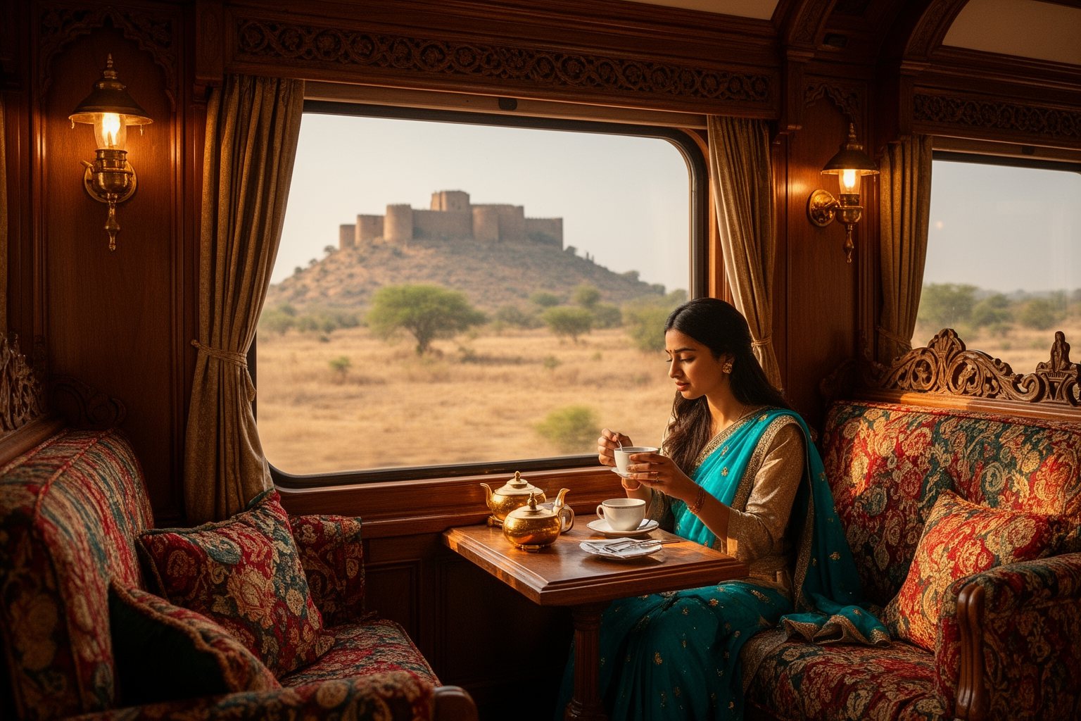 Riding the Rails: Unforgettable Train Journeys Around the World Traveler in a regal carriage of an Indian luxury train with ornate décor and Rajasthan views