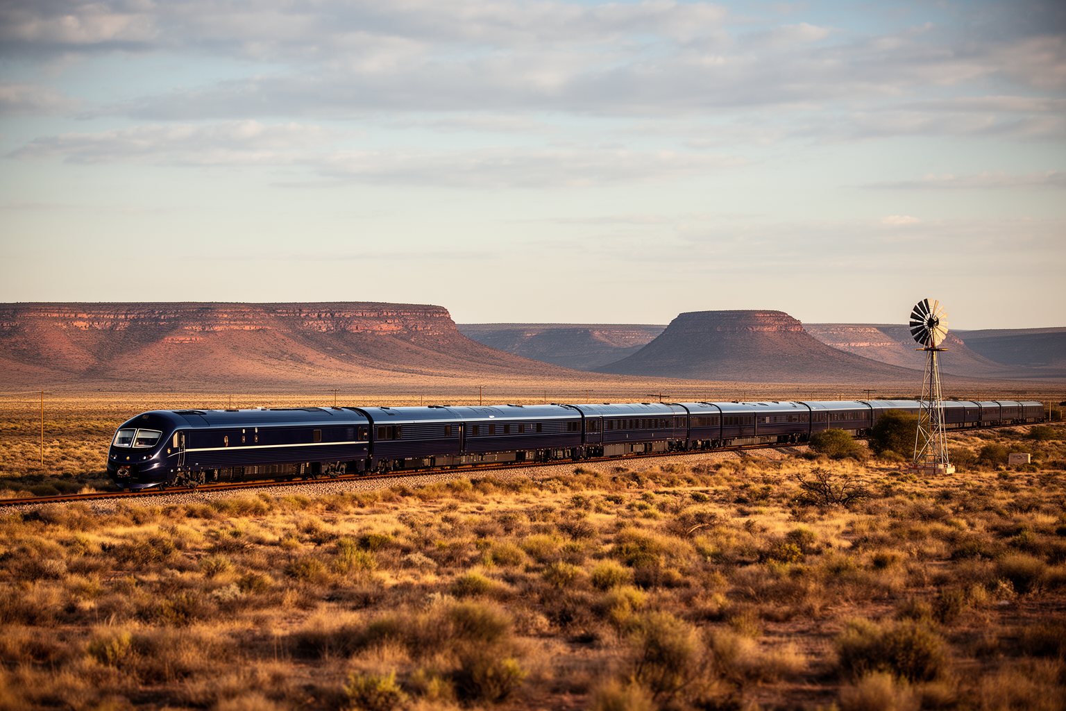 Riding the Rails: Unforgettable Train Journeys Around the World Blue luxury train crossing the dry Karoo landscape in South Africa
