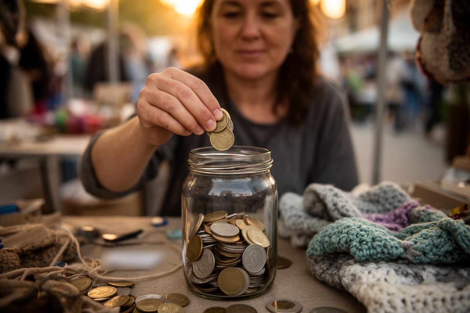 Maker counting the day's takings into a jar at the end of a craft market