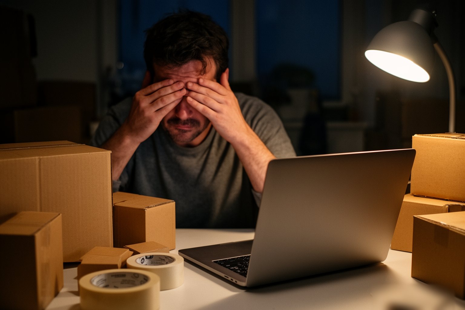Tired maker working late through a backlog of orders at a cluttered desk