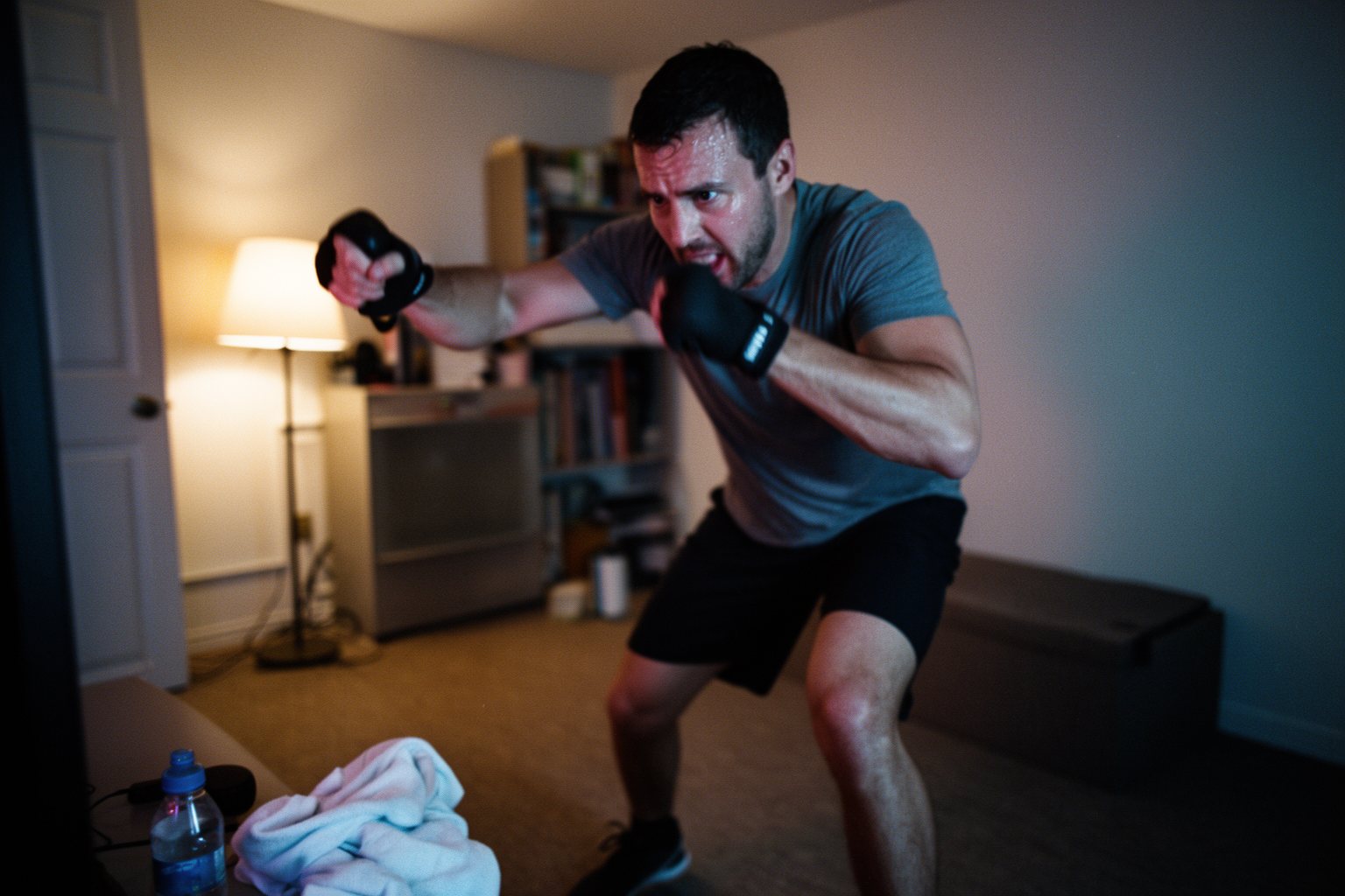 Man sweating through a boxing fitness game in front of a TV at home