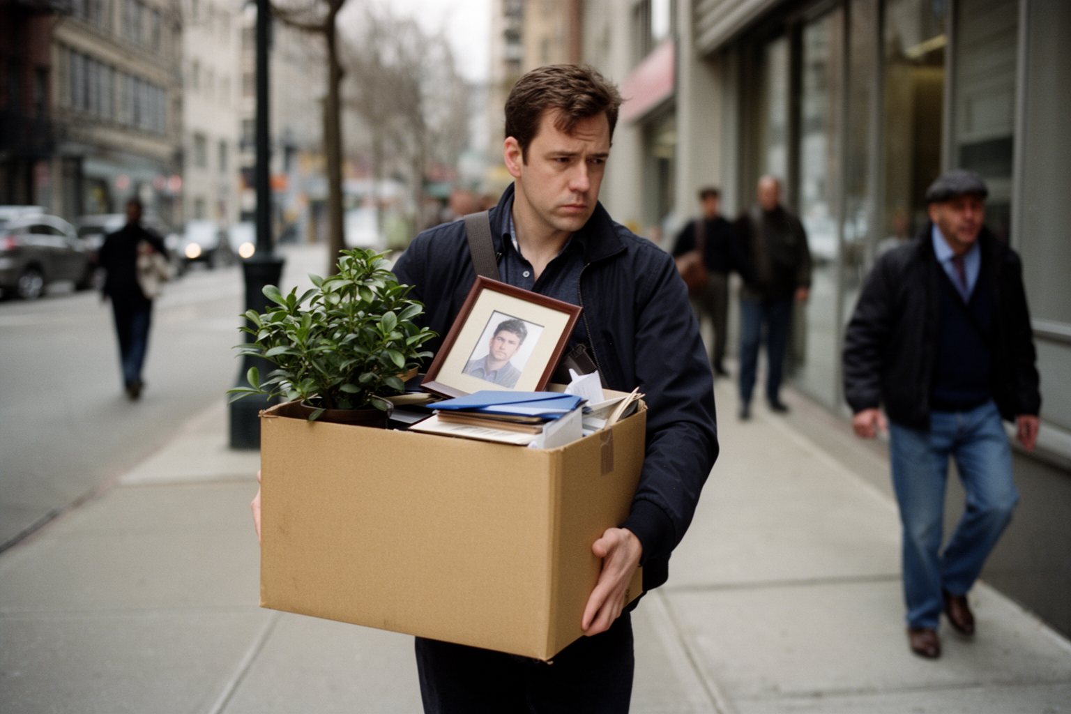 Career Reset After Being Fired: How to Bounce Back Man carrying a box of desk belongings out of an office building after losing his job