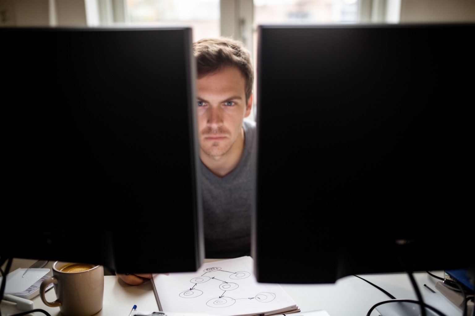 Unleash Your Genius: Unlock the Secrets of AI and Machine Learning Today! Machine learning engineer at a standing desk watching a model train on two monitors