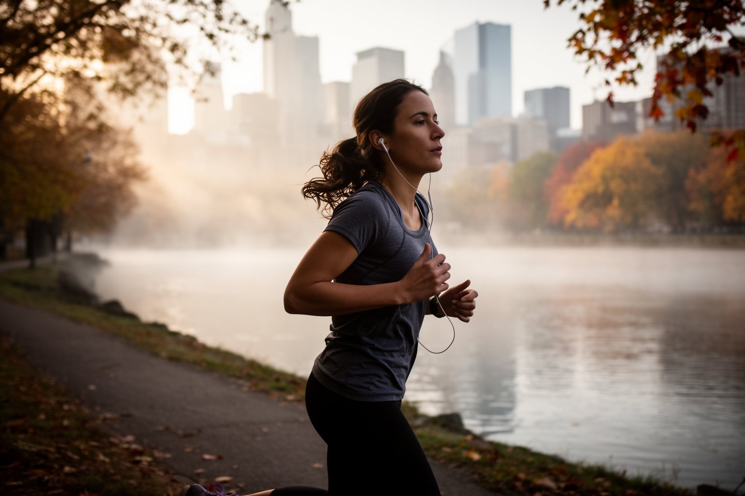 Career Reset After Being Fired: How to Bounce Back Woman jogging along a riverside path at dawn to stay resilient during a job search
