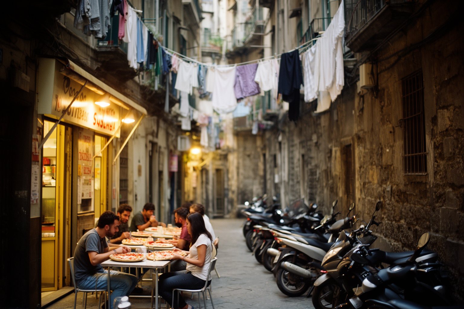 Diners eating pizza at a small pizzeria in a narrow Naples street, the birthplace of modern pizza