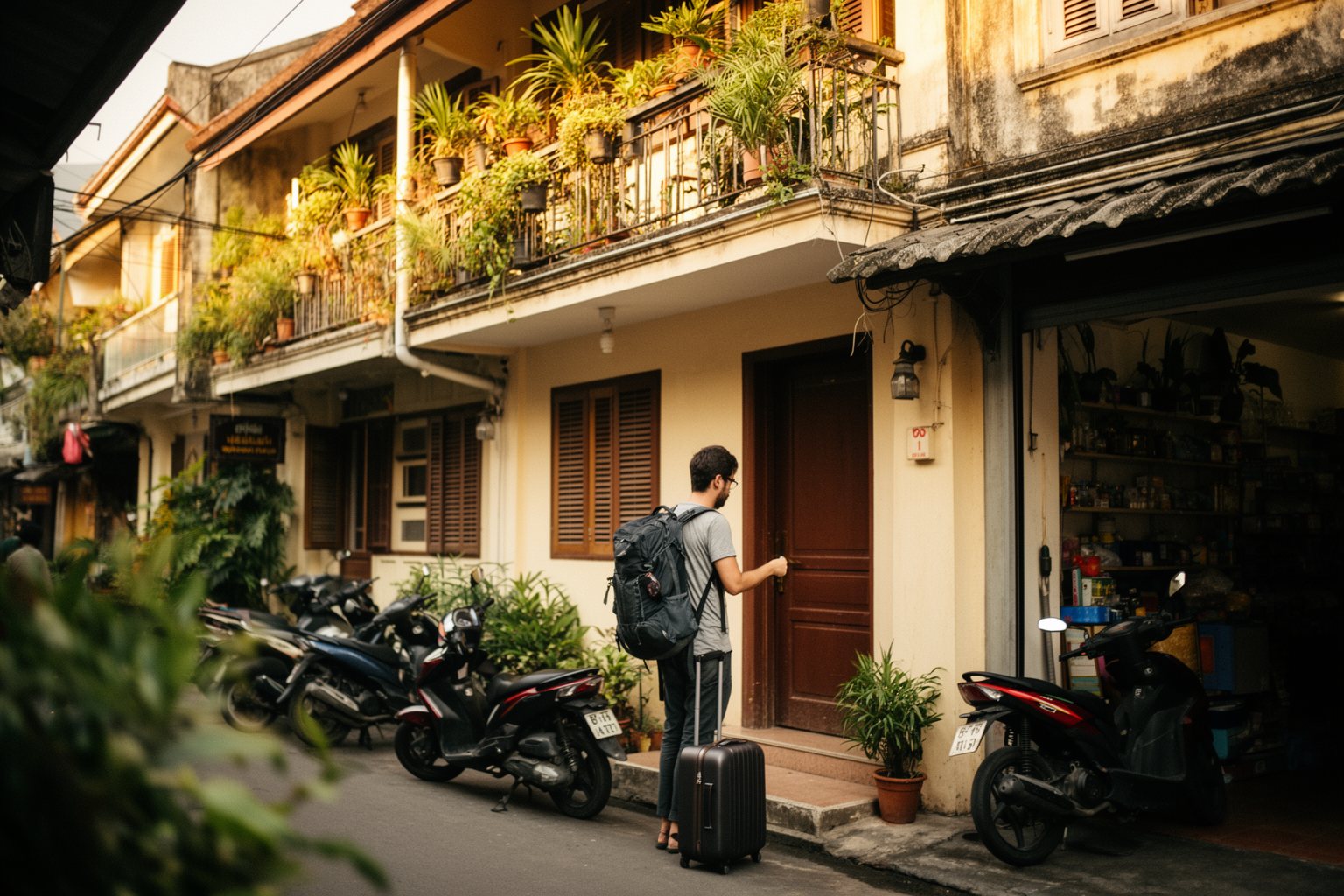 Unleash Your Freedom: The Ultimate Guide to Digital Nomadism Digital nomad arriving at a small rented apartment on a scooter-lined street abroad