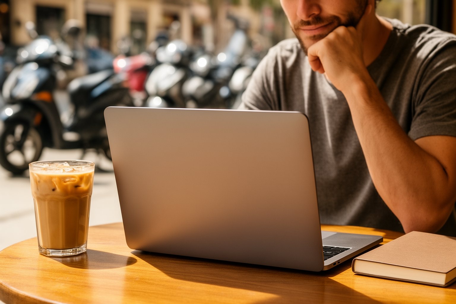 Digital nomad reviewing a travel budget on a laptop in a cafe abroad