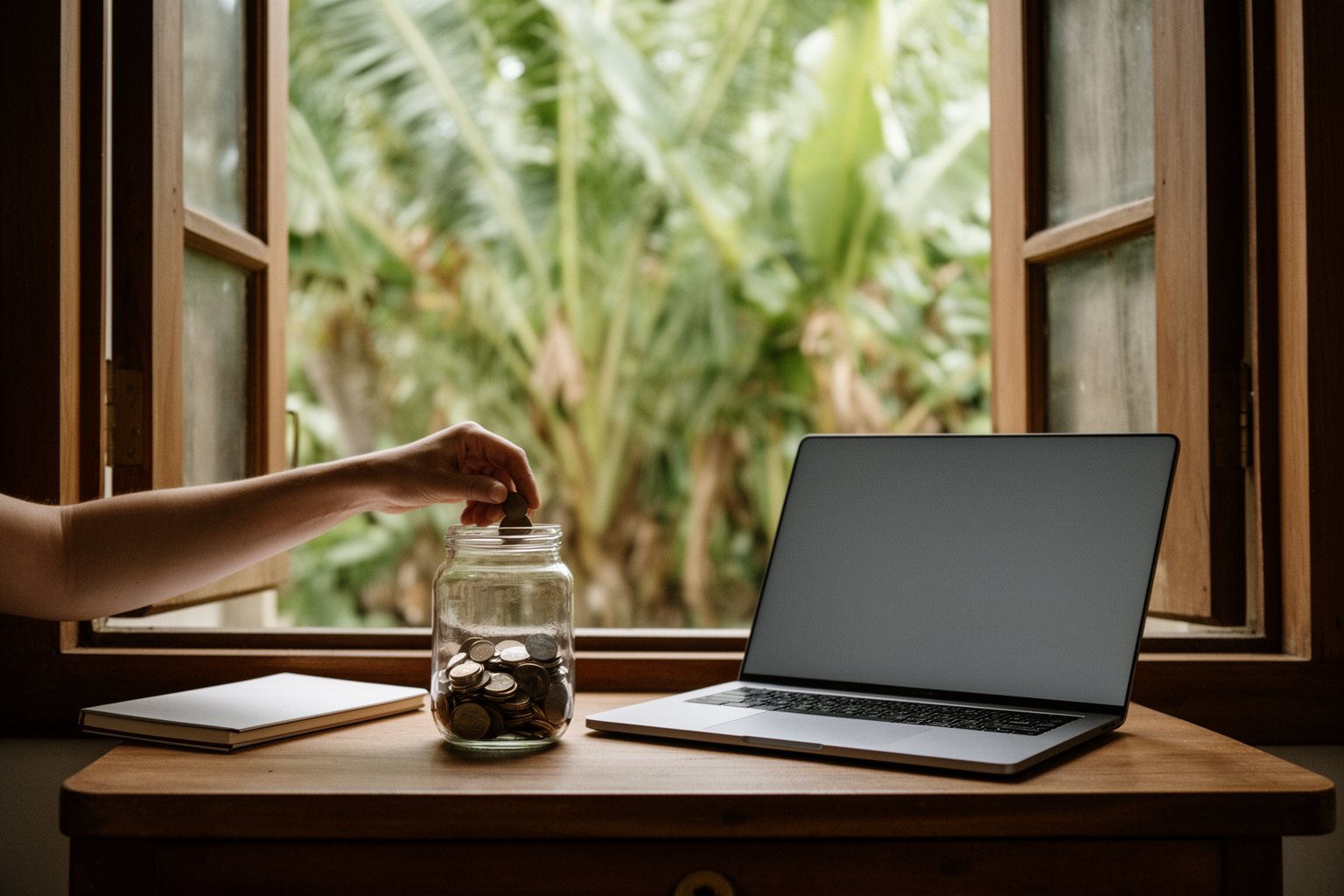 Digital nomad dropping coins into a jar on a guesthouse desk beside a laptop