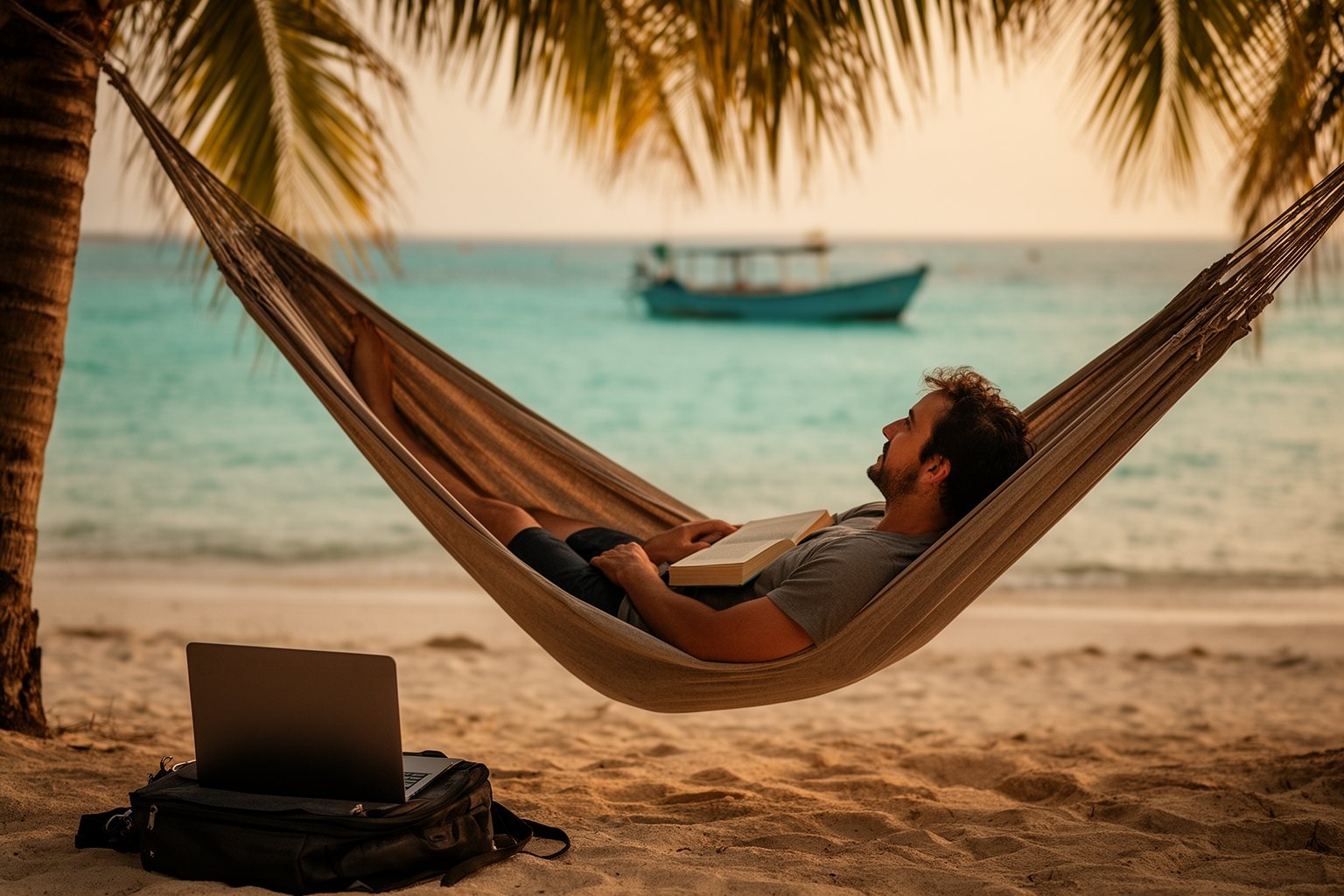 Digital nomad relaxing in a beach hammock with the laptop closed after reaching financial goals
