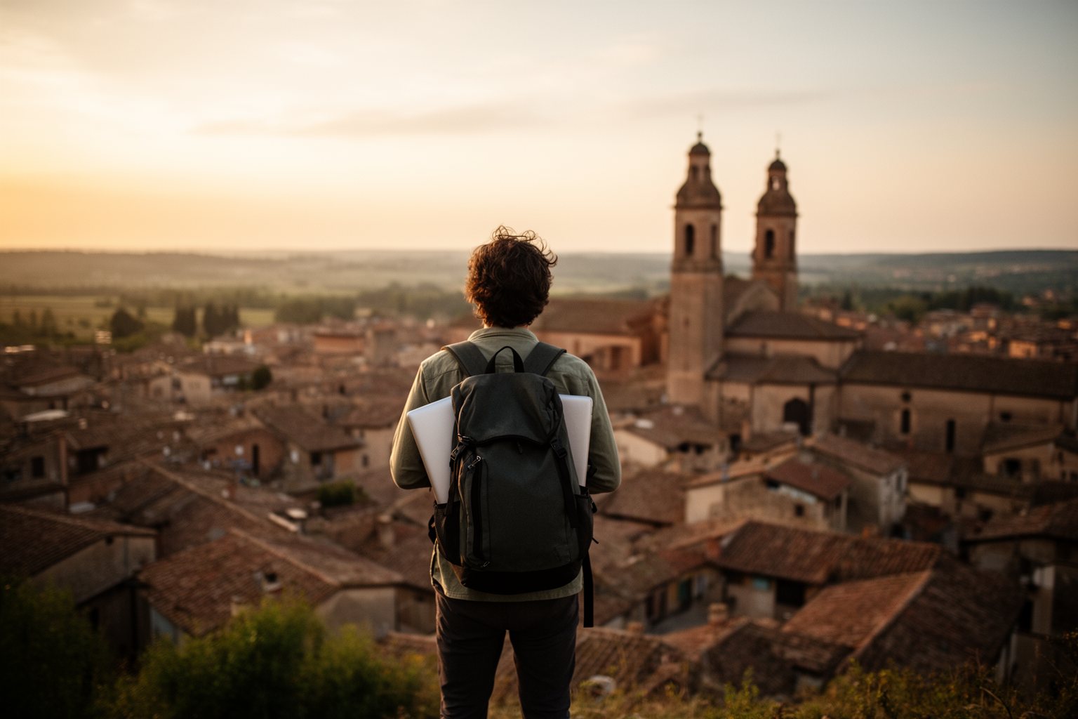 Unleash Your Freedom: The Ultimate Guide to Digital Nomadism Digital nomad with a backpack looking over a new city from a hilltop at sunset