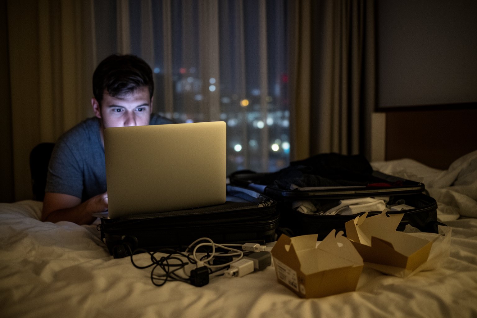 Unleash Your Freedom: The Ultimate Guide to Digital Nomadism Digital nomad working late on a laptop on a hotel bed, the less glamorous side of the lifestyle
