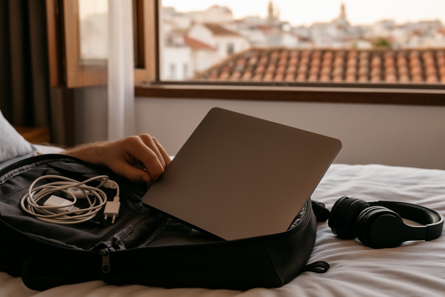 Unleash Your Freedom: The Ultimate Guide to Digital Nomadism Digital nomad packing a laptop and chargers into a backpack before moving to the next city