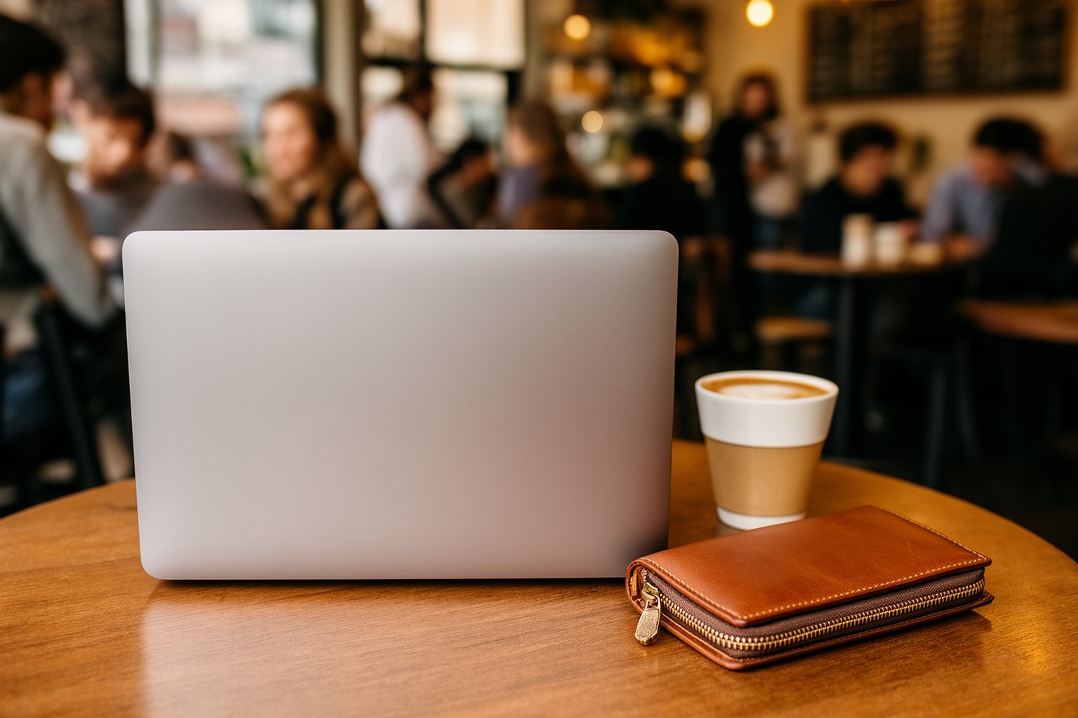 Digital nomad working securely on a laptop in a cafe with their wallet kept close