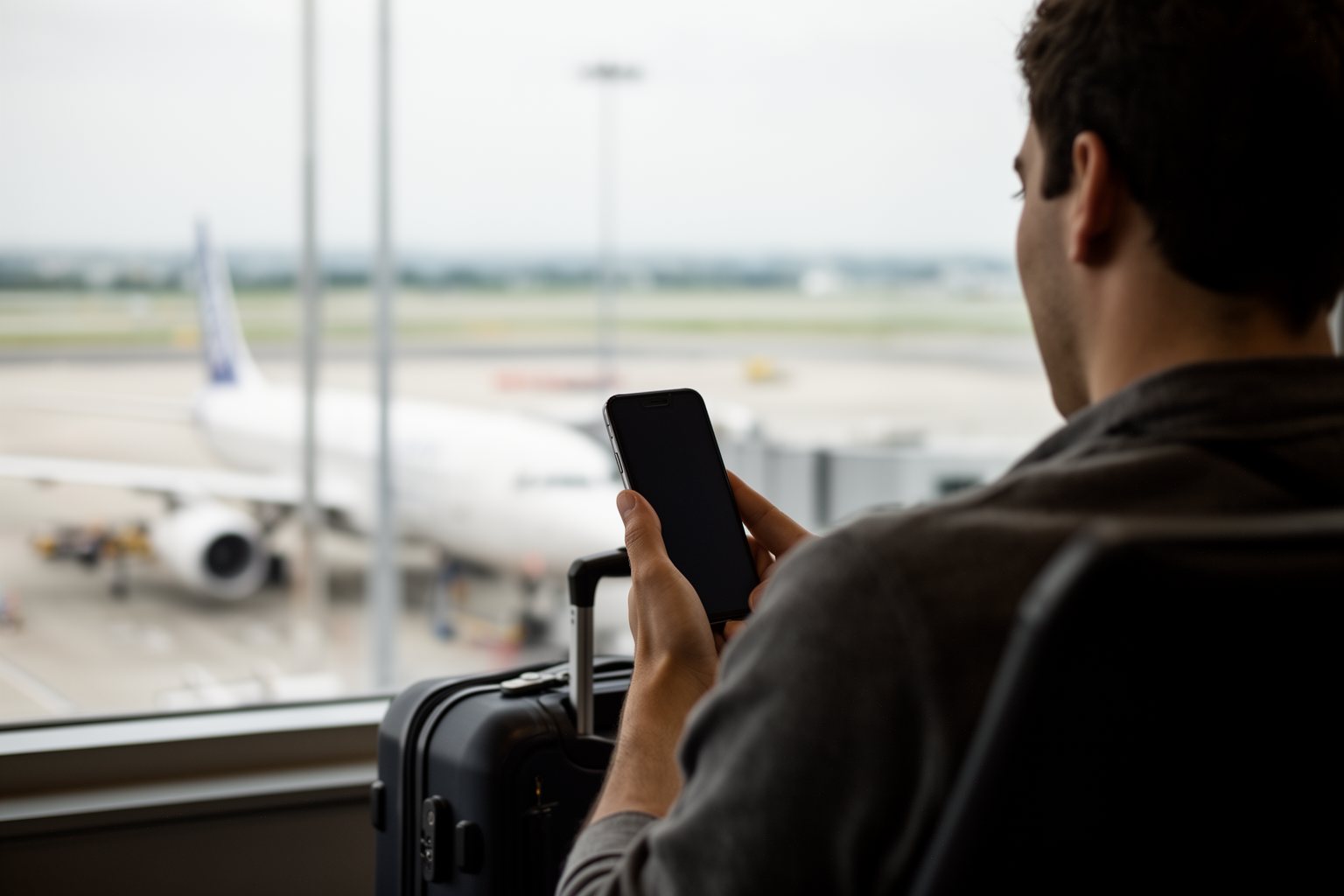 Digital nomad checking a travel insurance policy on a phone at an airport gate