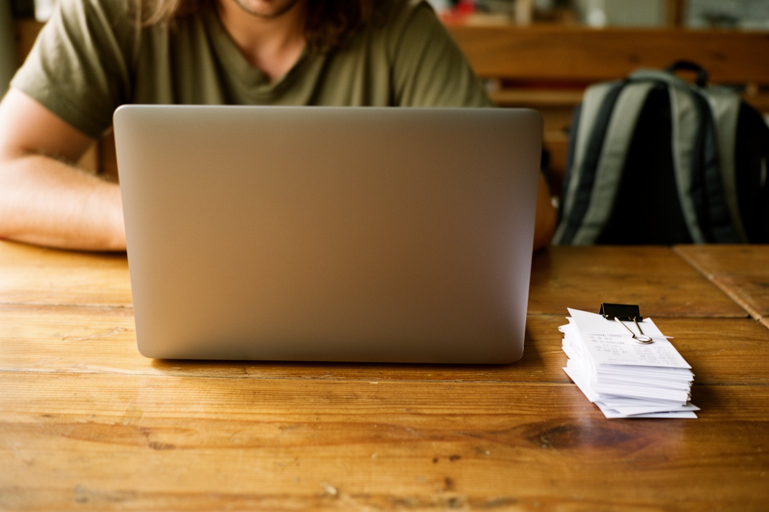 Digital nomad tallying travel expenses on a laptop at a hostel table