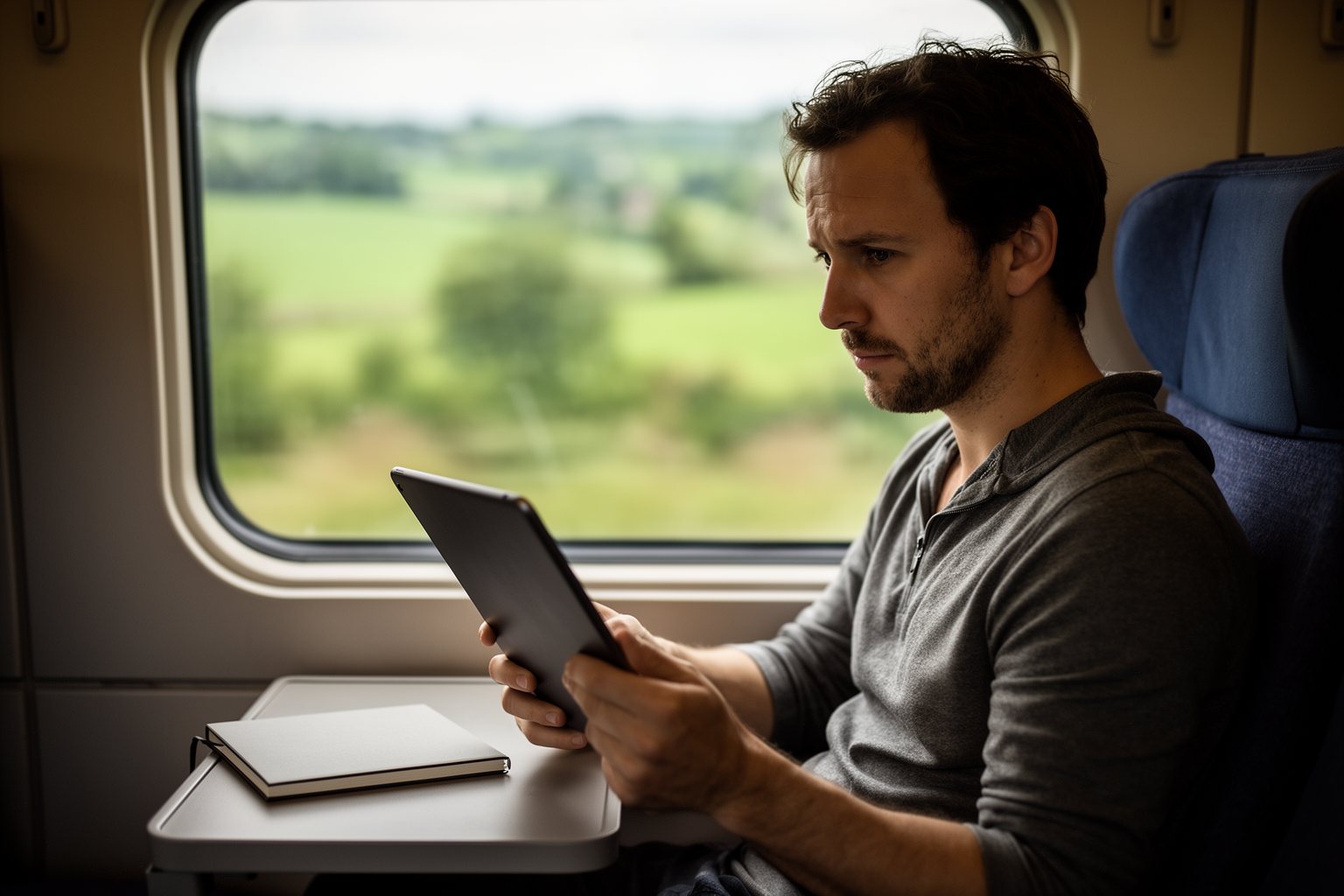 Digital nomad reviewing a long-term investment plan on a tablet during a train journey
