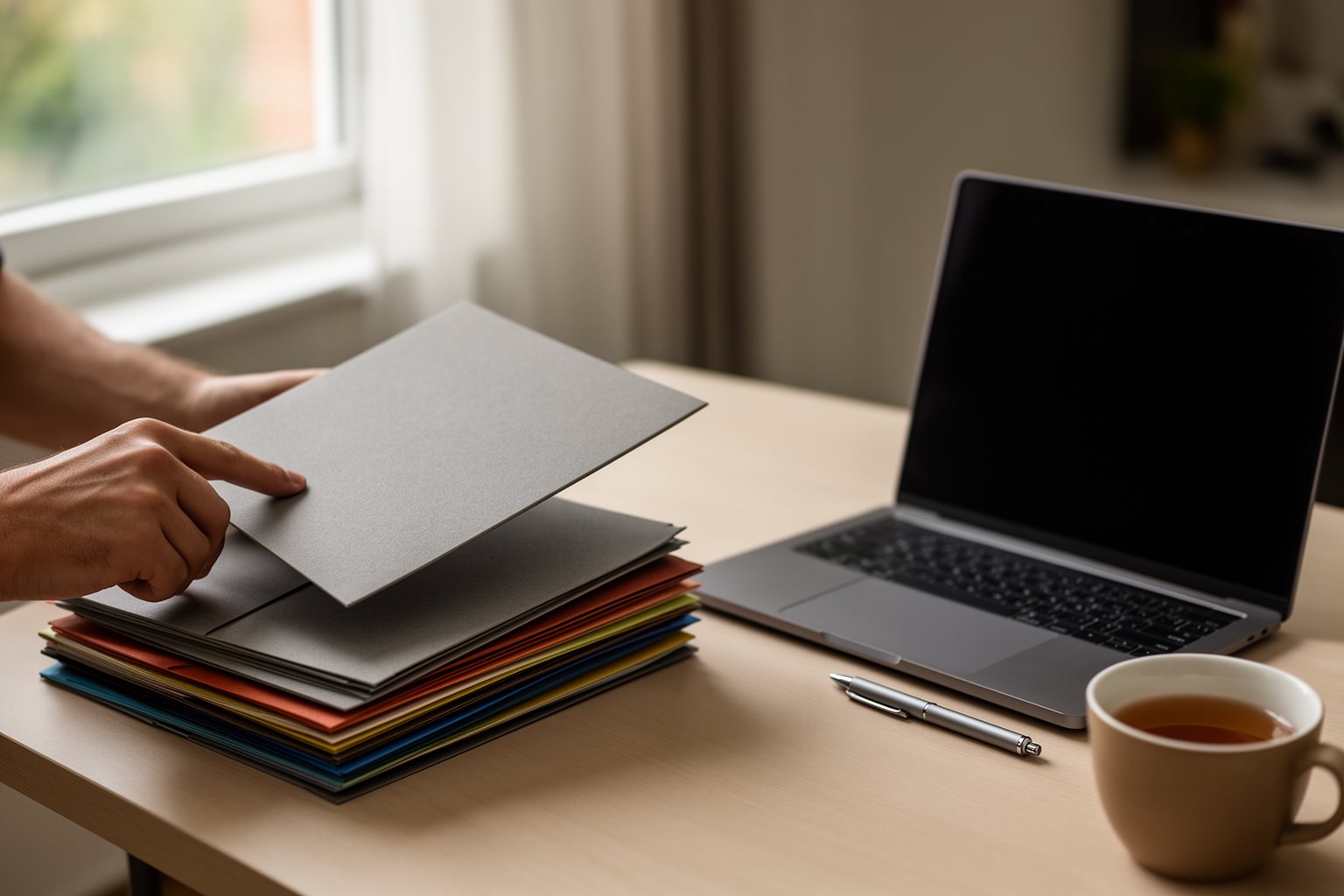 Digital nomad organising tax paperwork into folders at a desk