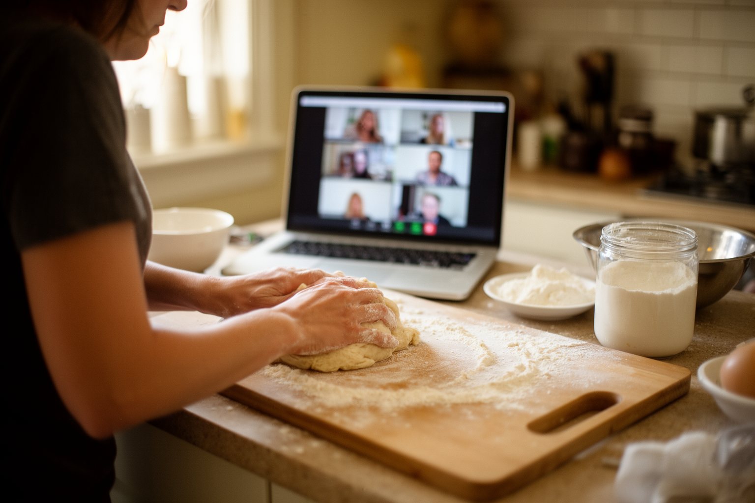 Person following a live online cooking class on a laptop in their kitchen