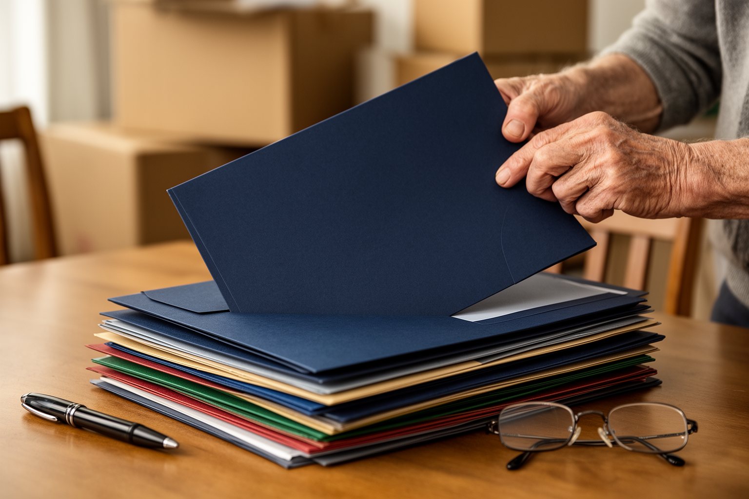 Retiree organising documents into folders for a move abroad