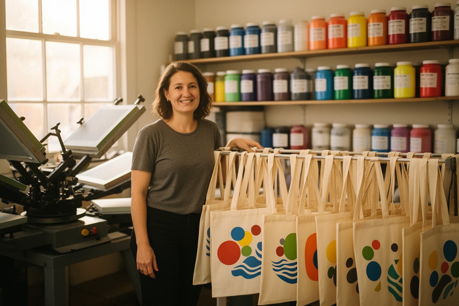 Small business owner smiling beside a screen printing press in their own studio