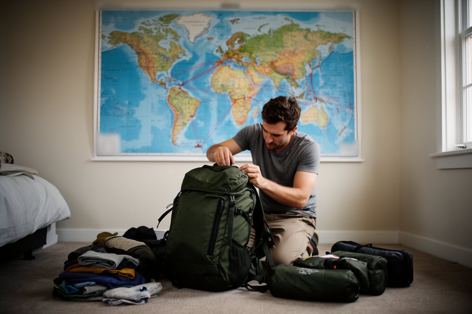 World Tour in 120 Days: A Life-Changing Adventure Traveler packing a backpack under a world map before a round the world trip