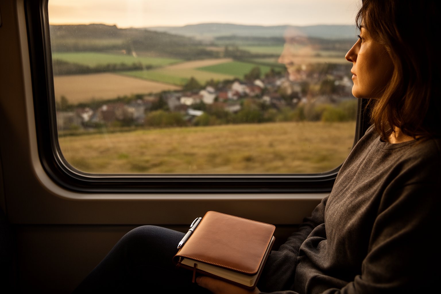Riding the Rails: Unforgettable Train Journeys Around the World Passenger with a travel journal gazing out of a train window as landscapes pass outside