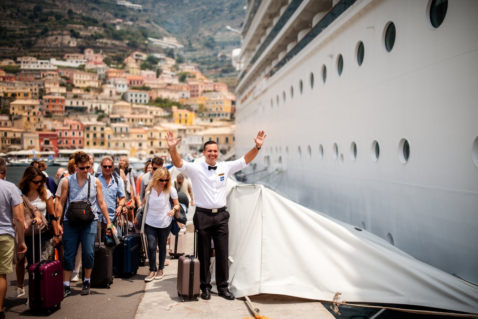 Passengers walking to board a cruise ship at a sunny Mediterranean port