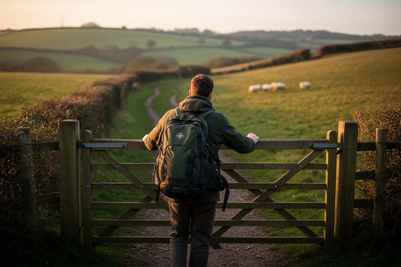 Everyday Microadventures: Escape the Ordinary Near Home Walker with a daypack opening a gate onto an open countryside path in the evening
