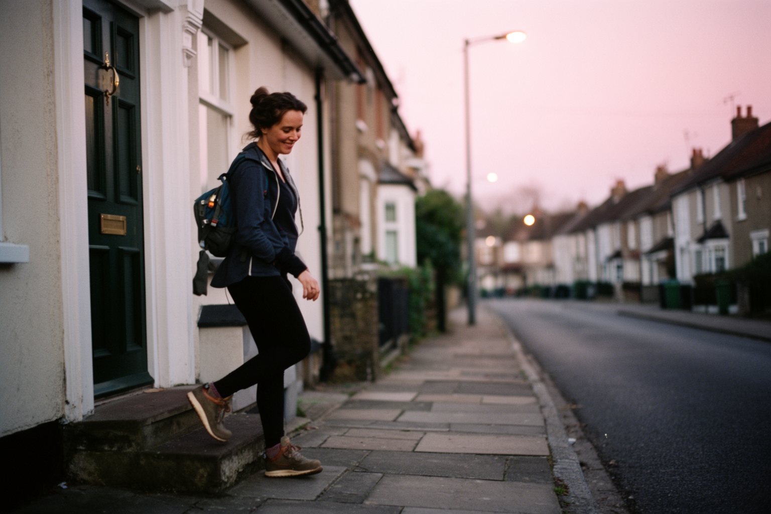 Everyday Microadventures: Escape the Ordinary Near Home Person with a daypack setting out from their front door at dawn for a local walk