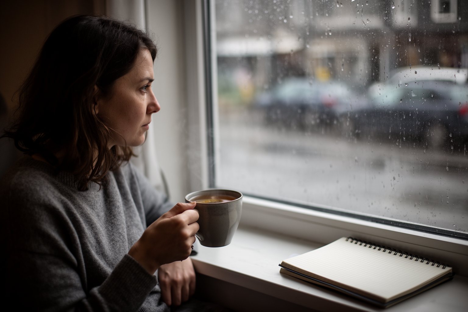 Career Reset After Being Fired: How to Bounce Back Person with a cup of tea by a window, reflecting and adjusting their mindset after job loss