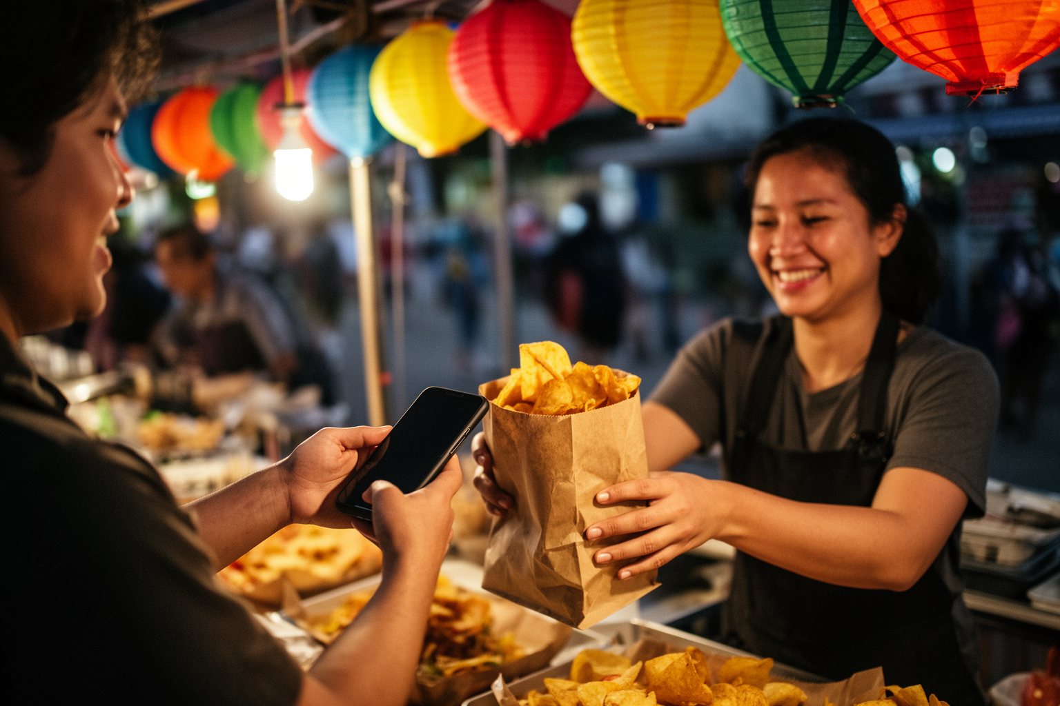 Traveler paying by phone at a street market stall abroad