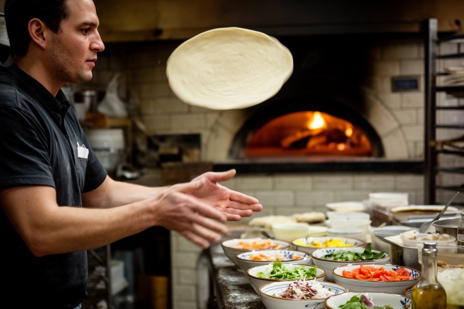 Pizzaiolo hand-tossing a disc of pizza dough in a busy pizzeria kitchen