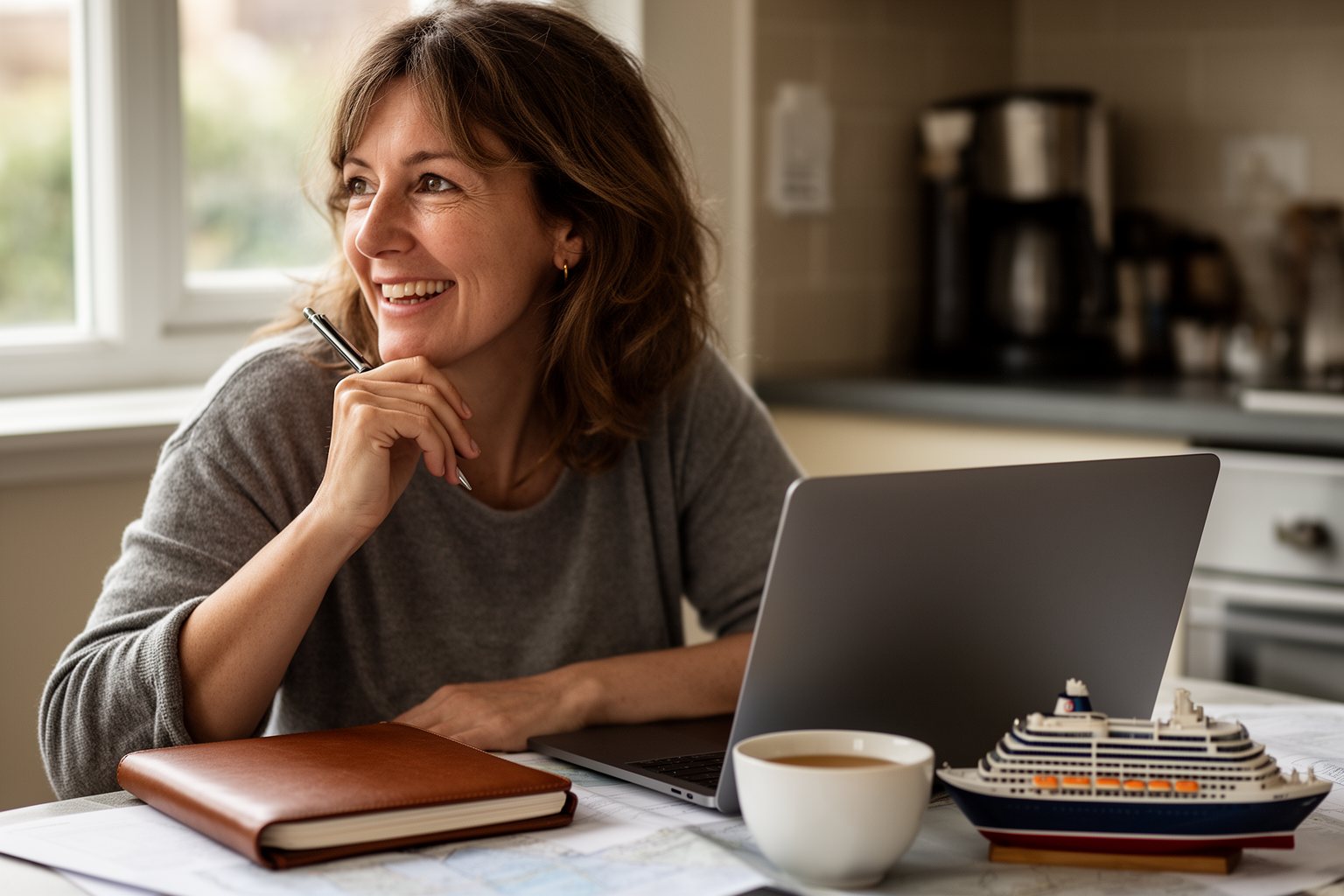 Woman planning cruise dates and cabin options at the kitchen table
