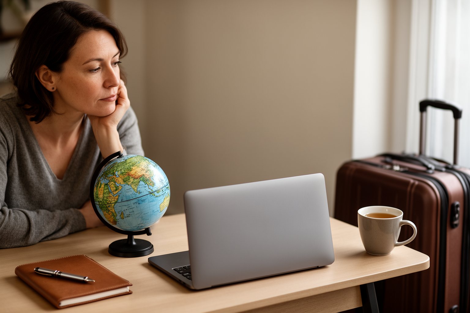 Unleash Your Freedom: The Ultimate Guide to Digital Nomadism Person planning a move to digital nomad life at a desk, a packed suitcase by the wall
