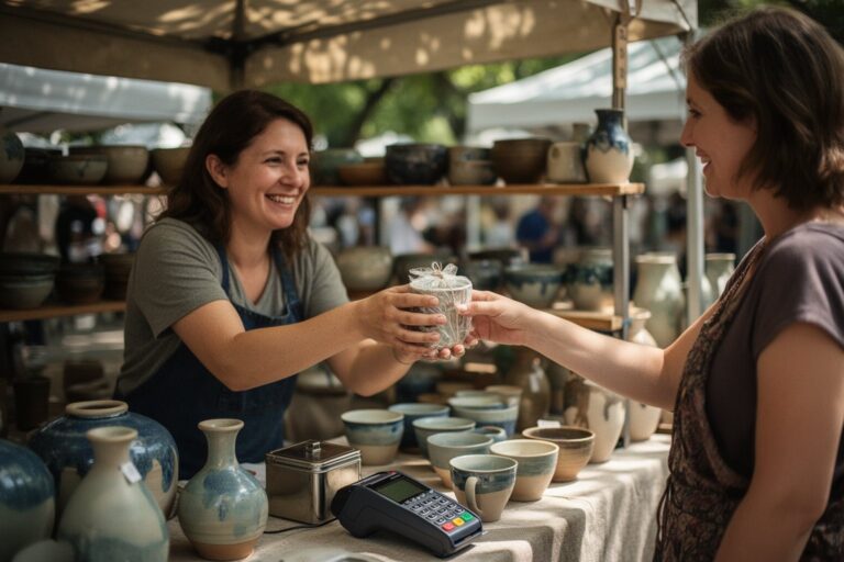 Unlocking Wealth: The Secret to Monetizing Your Hobbies Hobby potter selling handmade ceramics to a customer at a weekend craft market