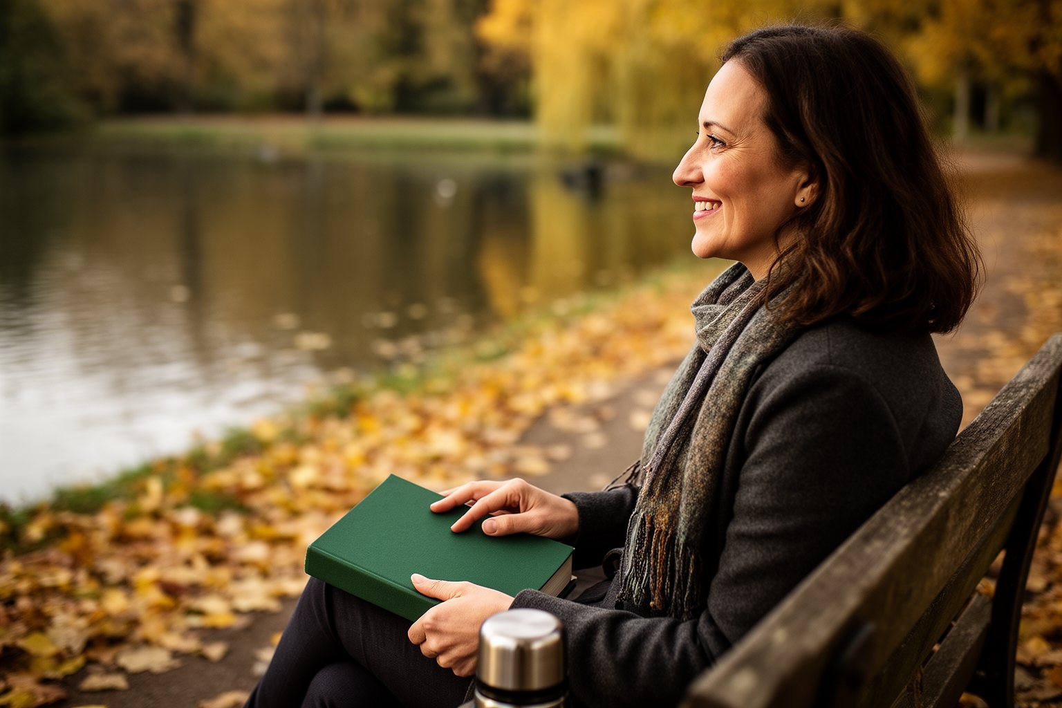Everyday Microadventures: Escape the Ordinary Near Home Person pausing from a book on a park bench in autumn