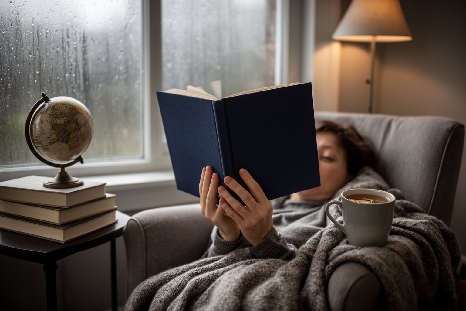 Person reading a travel memoir in a cosy armchair by a rainy window