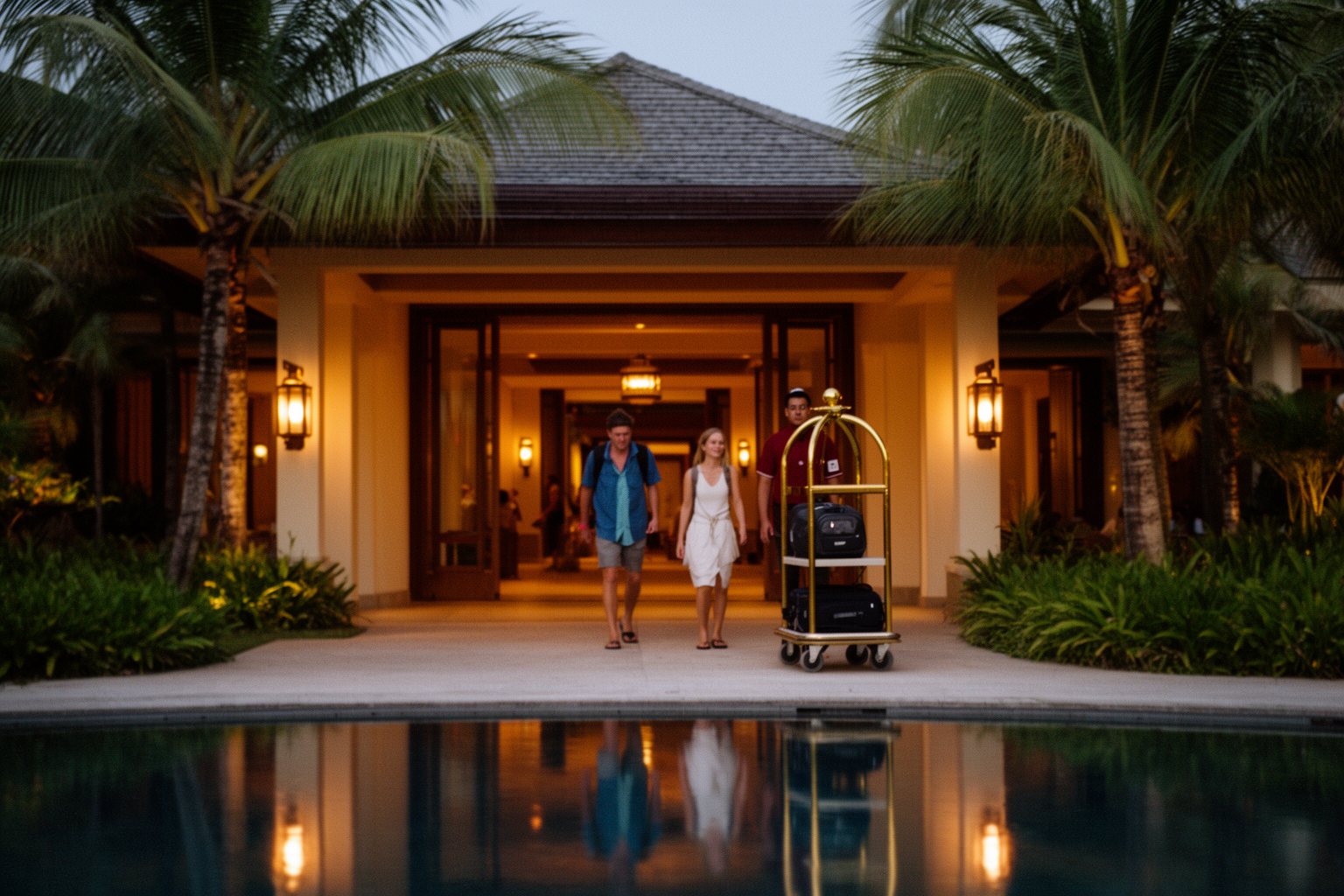 Travelers arriving at a tropical resort hotel entrance at dusk with luggage