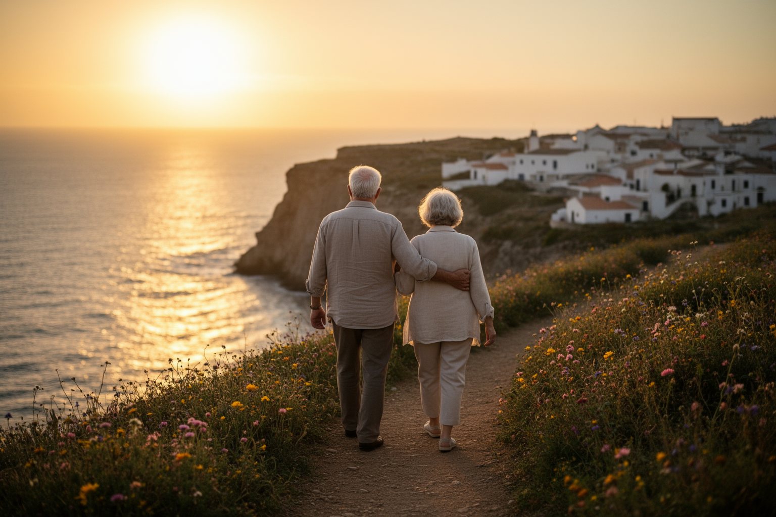 Retired couple walking a coastal path at sunset in their new home abroad