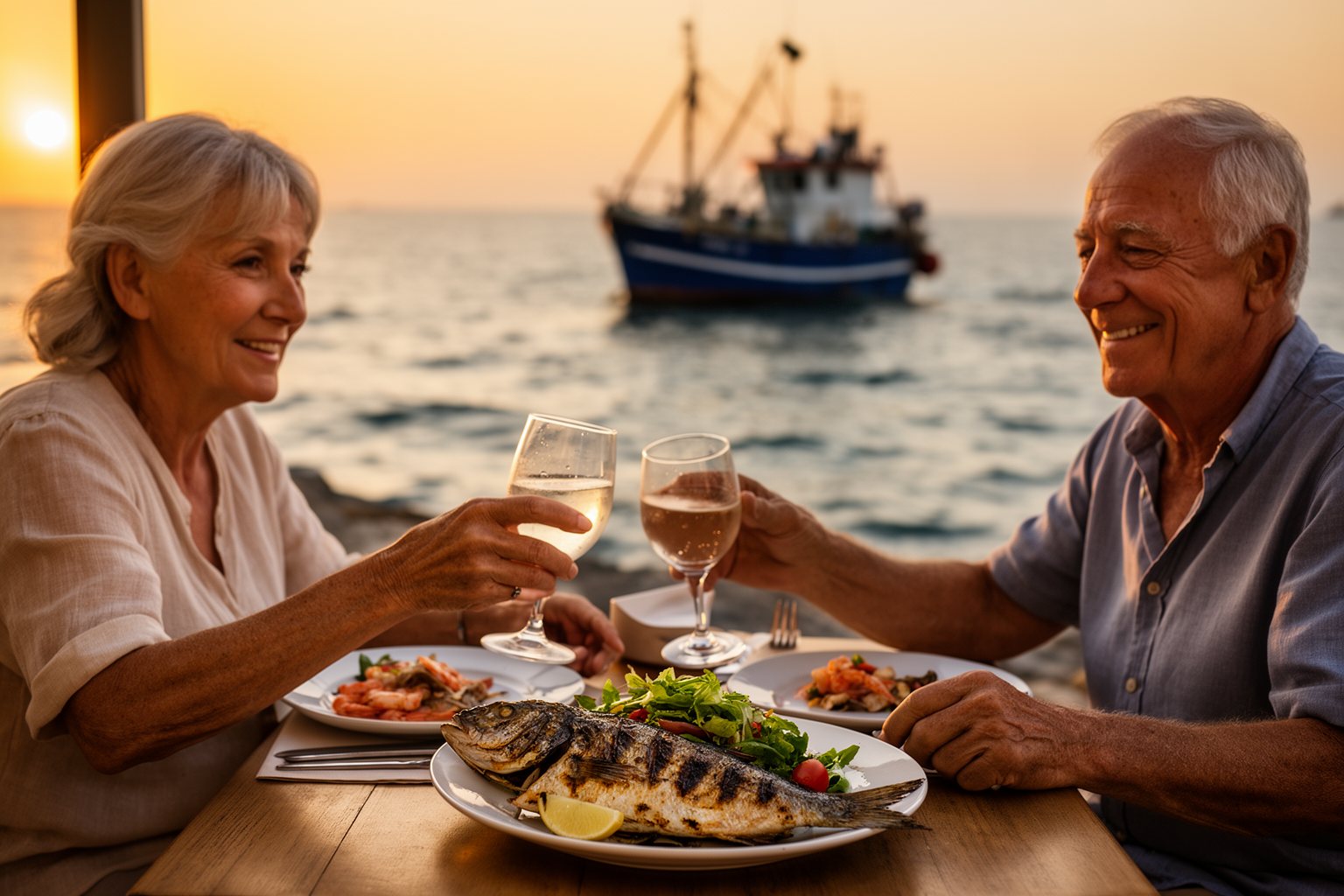 Retired couple enjoying a relaxed seafood dinner at a seaside restaurant at sunset