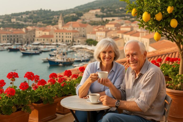 Expat Retirement: How to Retire Rich Abroad Retired couple enjoying coffee on a terrace above a Mediterranean coastal town in expat retirement