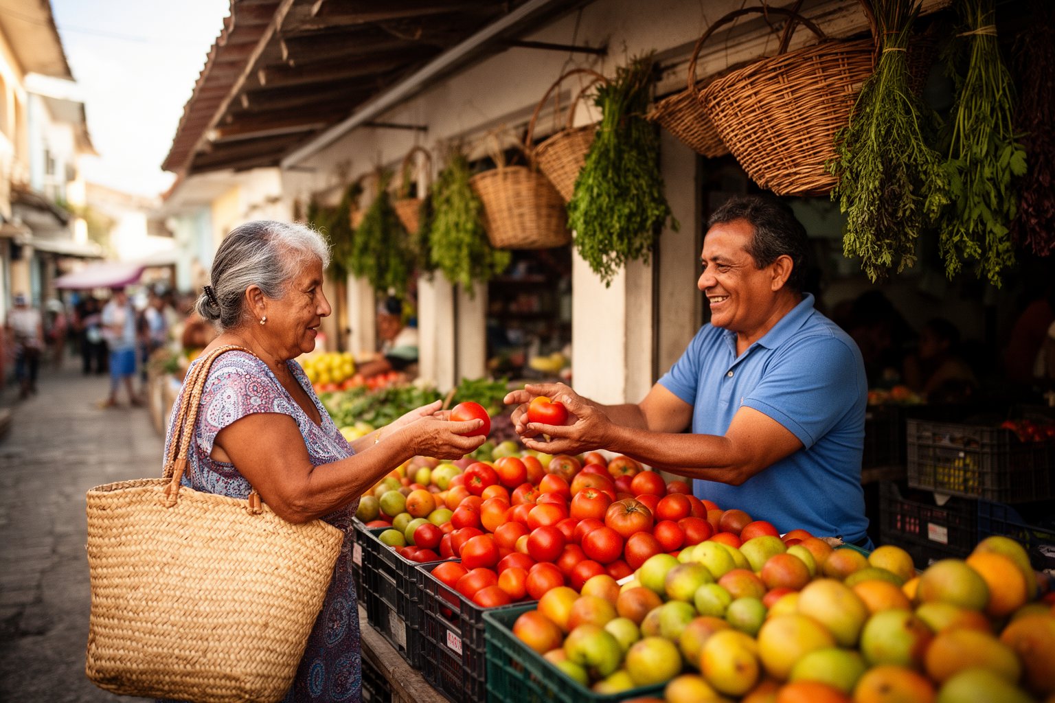 Retiree buying fresh produce from a vendor at a local market in their new country