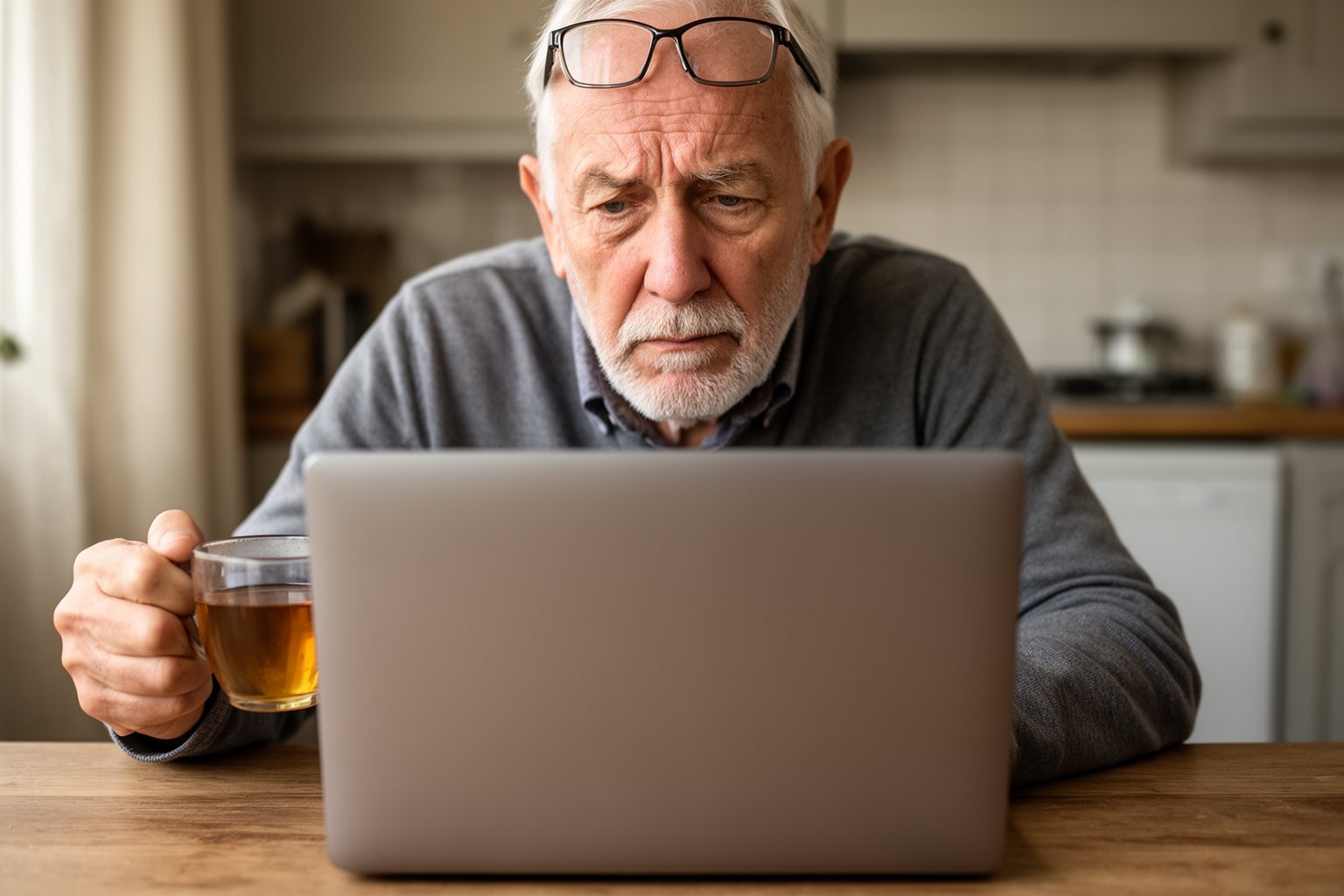 Retiree comparing living costs abroad on a laptop at a kitchen table