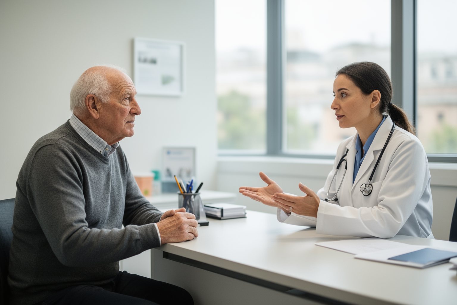 Retiree talking with a doctor in a bright modern clinic abroad