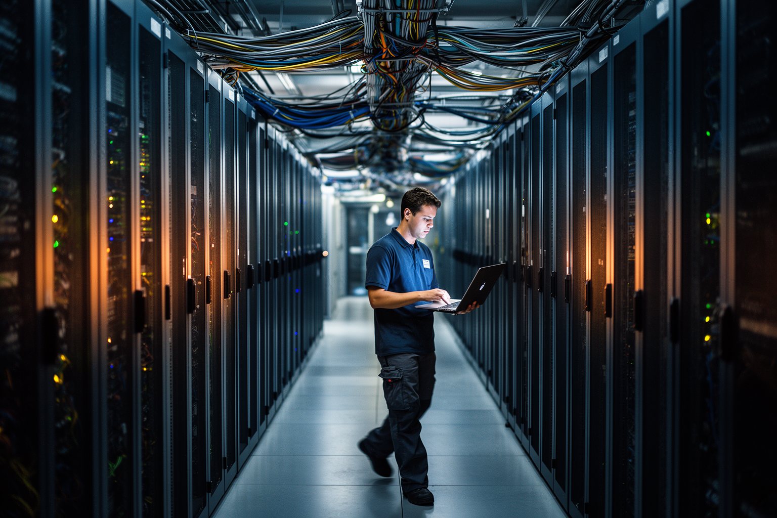 Unleash Your Genius: Unlock the Secrets of AI and Machine Learning Today! Engineer walking a server room aisle with a laptop, the hardware behind AI